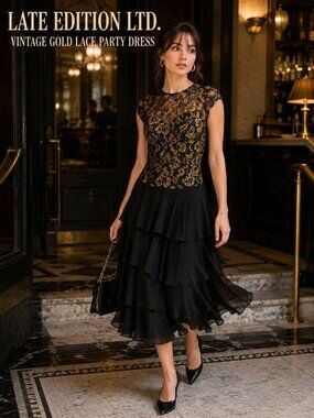 VTG 80s Late Edition Ltd Dress Sz 12 Black Gold Lace Tiered Party Glam